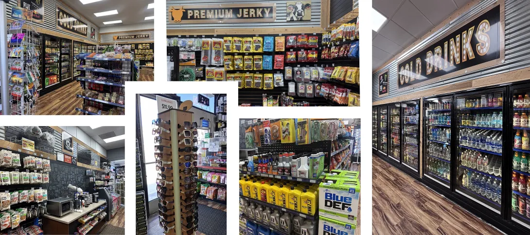 Cold drinks, coffee, jerky, auto moto goods, sun glasses 